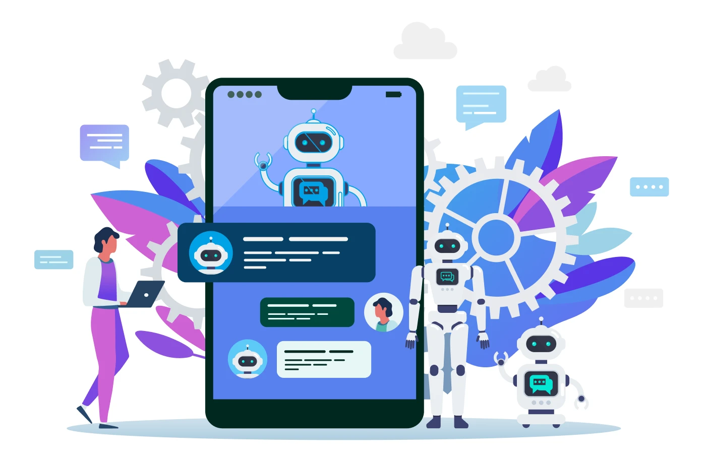 Illustration of a chatbot conversation on a smartphone with robots and gears