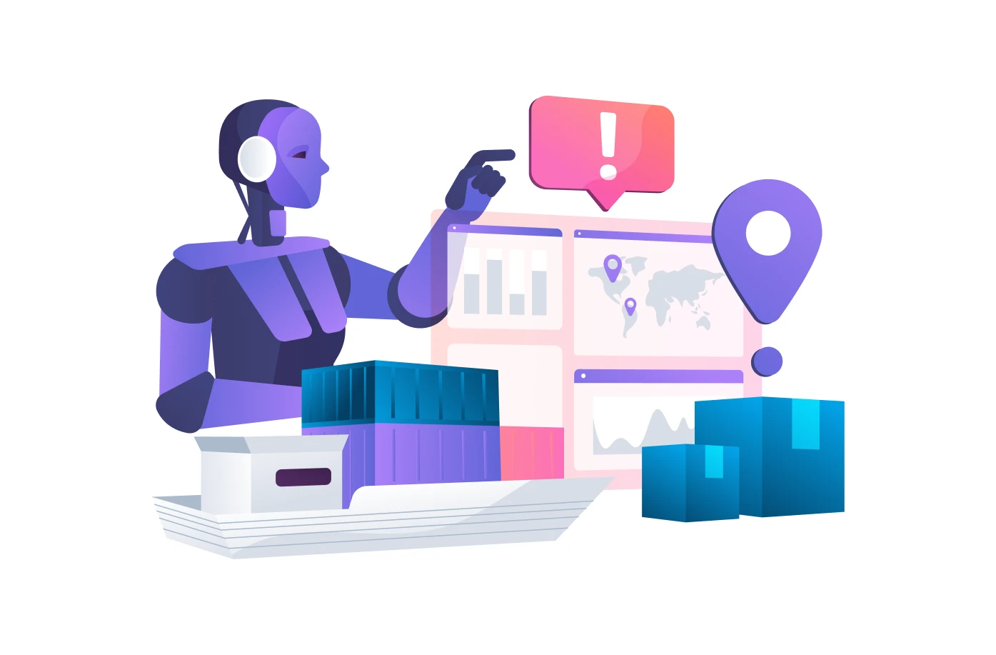 Illustration of a robot managing shipping containers and a logistics dashboard