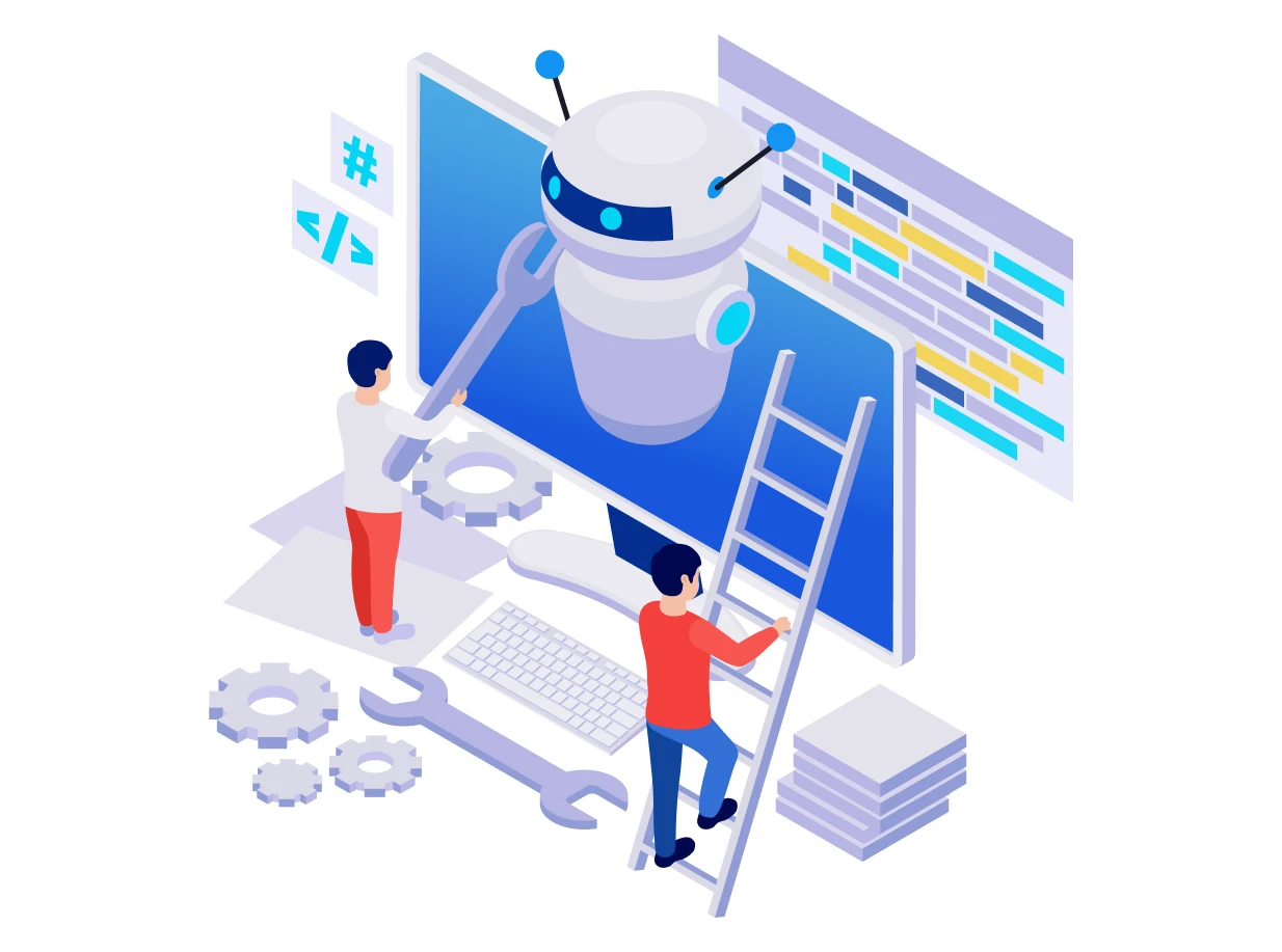 Isometric illustration of engineers assembling a robot on a screen