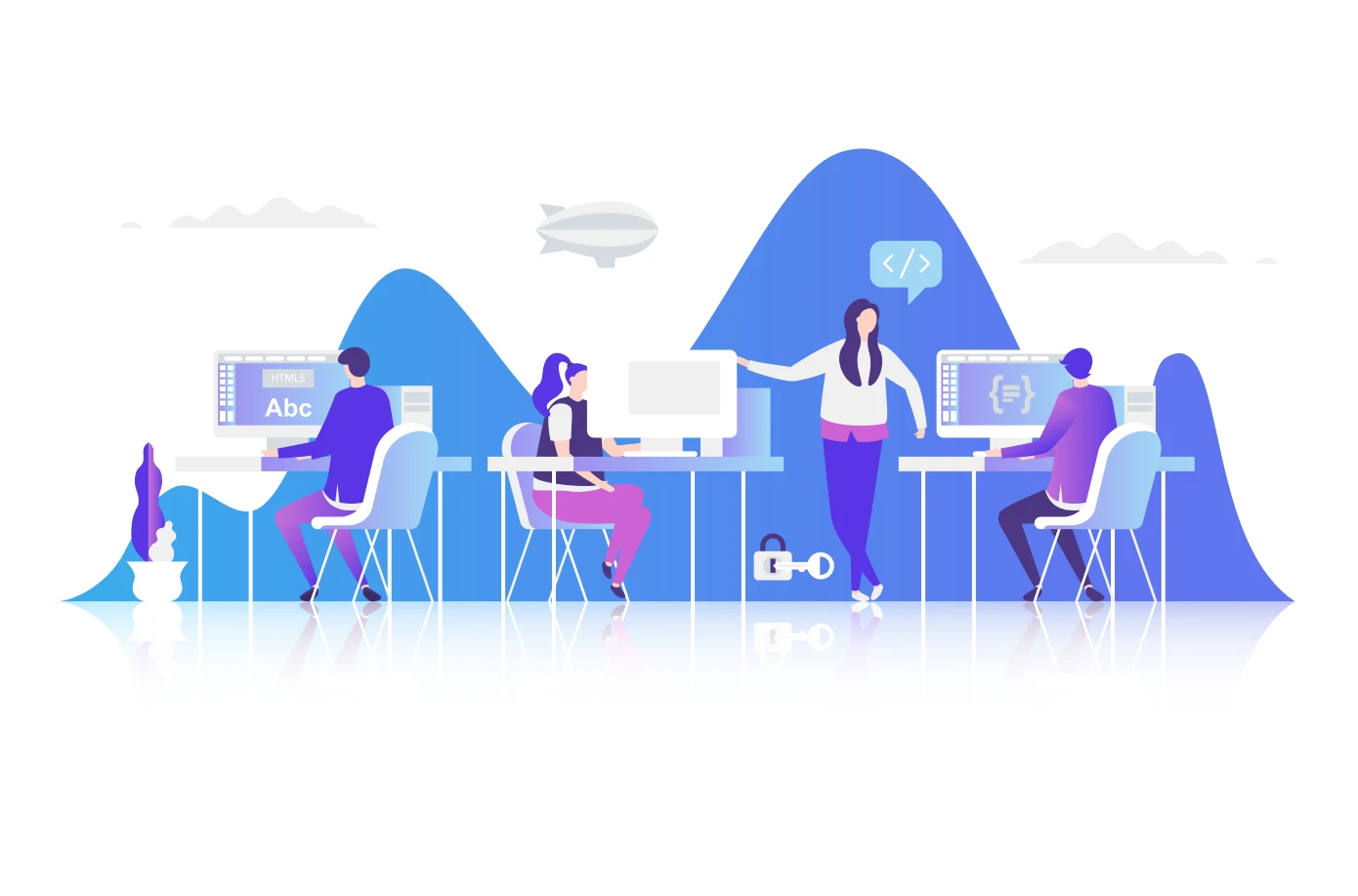 Illustration of an engineering team working at their desks