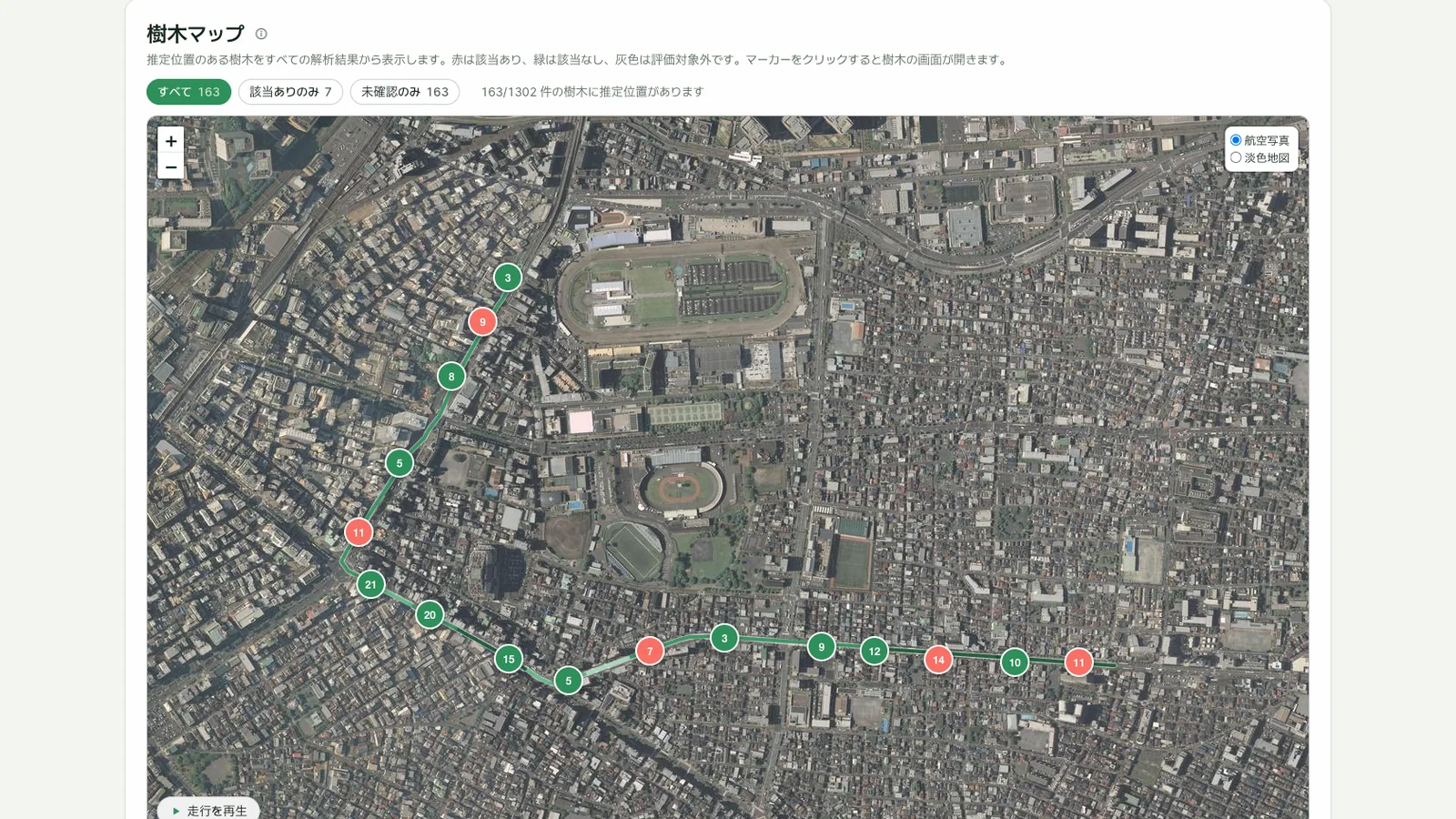 Tree map: every detected tree with location and status along the patrol route